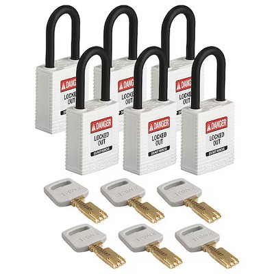 Brady Nyl-Wht-38Pl-Kd6pk Lockout Padlock, Keyed Different, Nylon, White, 1 1/2