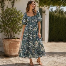 Sonoma Women’s XL Green Floral Maxi Dress Short Sleeve Tiered Flowy Cotton Blend