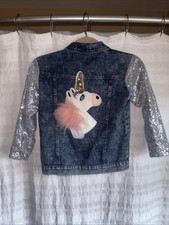 Girls Denim Jacket Embroidered Unicorn Sequin Sleeves Size 5 Acid Wash