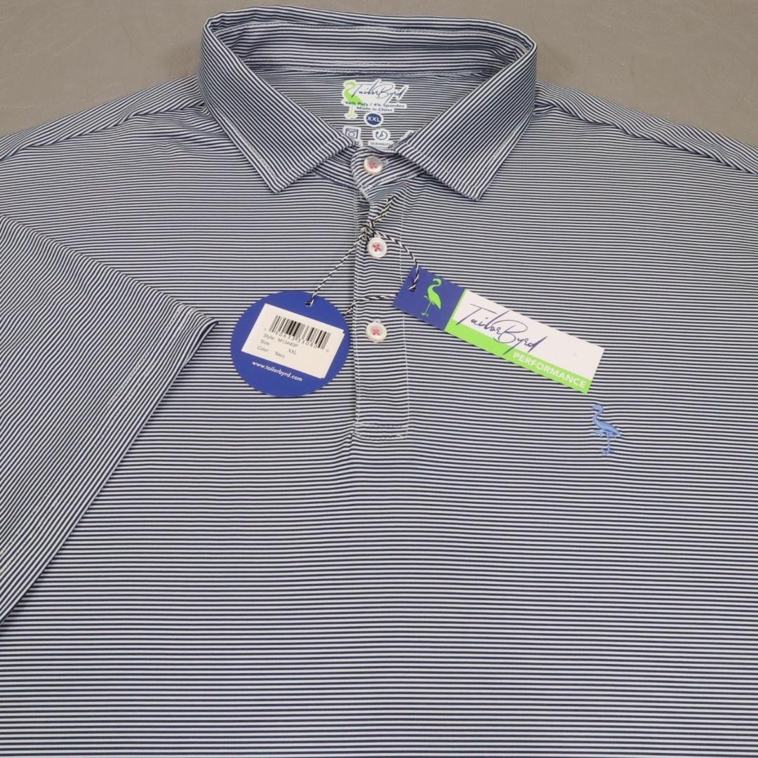 New TailorByrd Performance Polo Shirt Mens 2XL Blue Navy Stripe Golf SPF 30 Tech