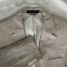 Tommy Hilfiger Linen Plaid Blazer Jacket Sport Coat Mens 36R Khaki/Brown/Blue