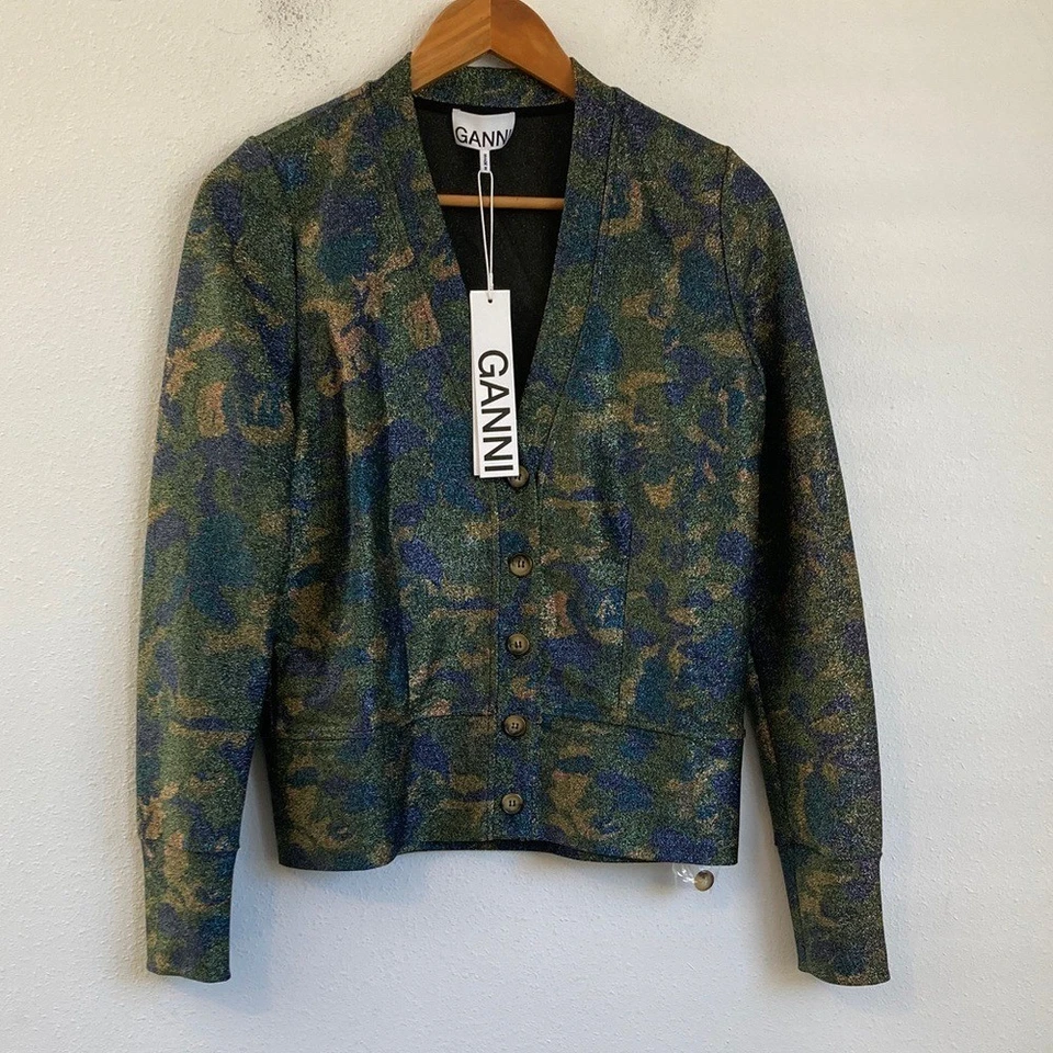 Cárdigan Ganni Camuflaje Estampado Azul y Verde Talla 6 Foto 2 de 4