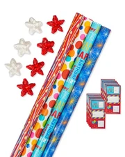 New American Greetings Birthday Wrapping Paper Kit with Cut Lines, Bows and Gift