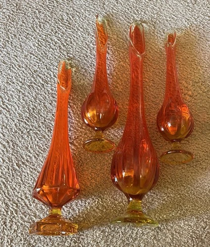 Fenton Art Glass Hand Blown Decorative Orange Yellow Vases Set of 4 Glossy