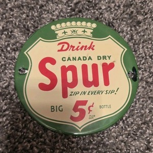 Canada Dry Spur Round Soda Advertising Sign Green Cream Red "Big 5¢ Bottle"
