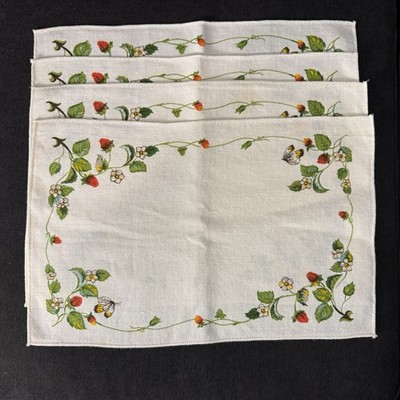 4 Vintage Linen Placemats Strawberry And Butterfly Design 