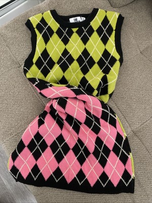 Love Pink And Lime Color Lemons Argyle Knit Sleeveless Sweater. Two Sides/Color.