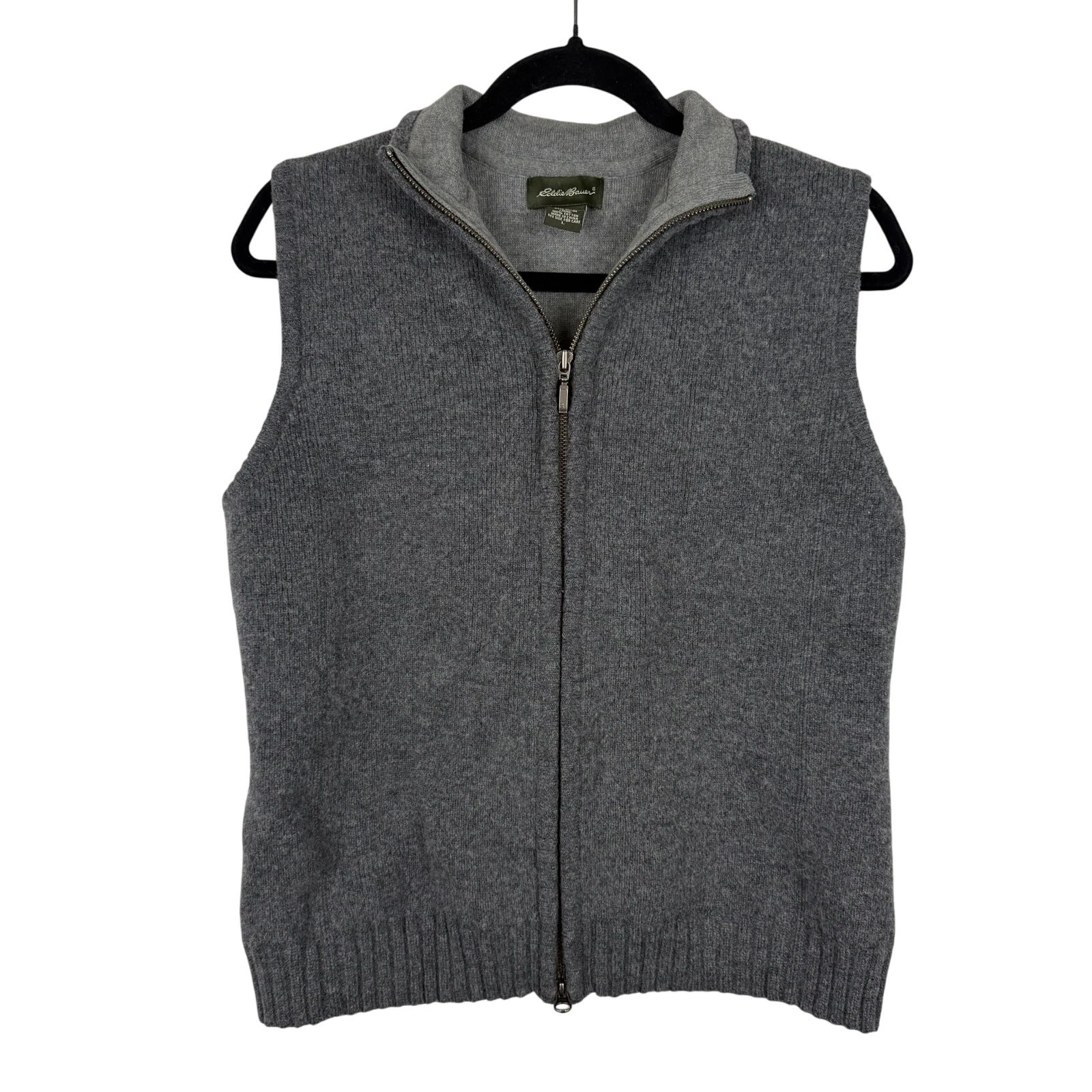 Eddie Bauer Gray Lambswool Blend Full Zip Vest Men’s Large L Mock Neck Knit