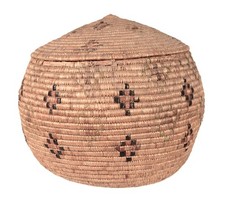 Eskimo Overlay Seal Gut Basket ca. 1880  Size 7" H x 8.125" D  Hand Coiled