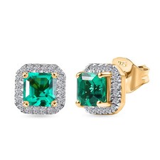 Lab Grown Emerald & Diamond Halo Stud Earrings for Women - 18K Vermeil Yellow
