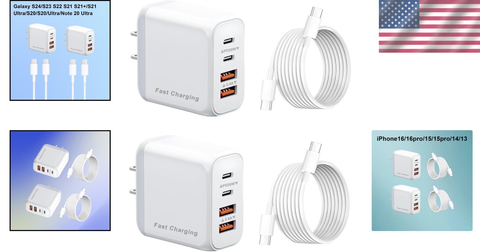 Compact 40W USB-C & A Charger, 4-Port Power Adapter for Quick Device Charging