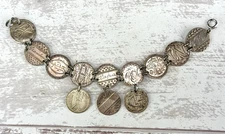 Antique Victorian Silver Love Token Bracelet with 12 Seated Liberty Dimes 1880s