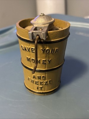 Antique John Wright cast iron ''Freeze It'' ice cream churn bank 4 Inches Tall