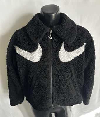Nike Jacket Women s Small Black/White Double Swoosh Sherpa Fleece Full Zip FLAW