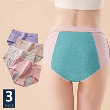 3pc Women Menstrual Panties Leak Proof High Waist Cotton Briefs Period Underwear