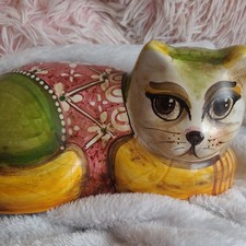 Vintage Mexican Hand Painted Pottery Cat Figurine signed 