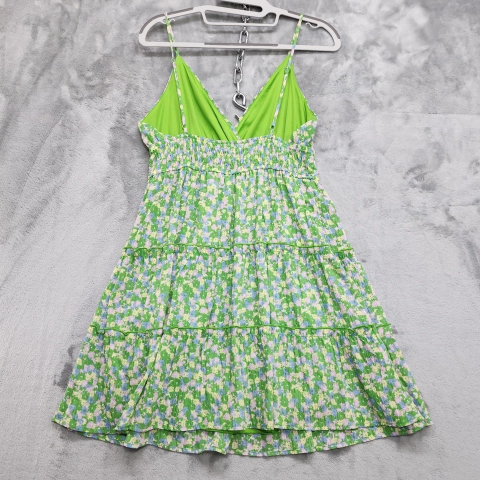Speechless Dress Womens L Green Floral V-neck Smocked Waist Tiered Mini Stretch - Image 3 of 4