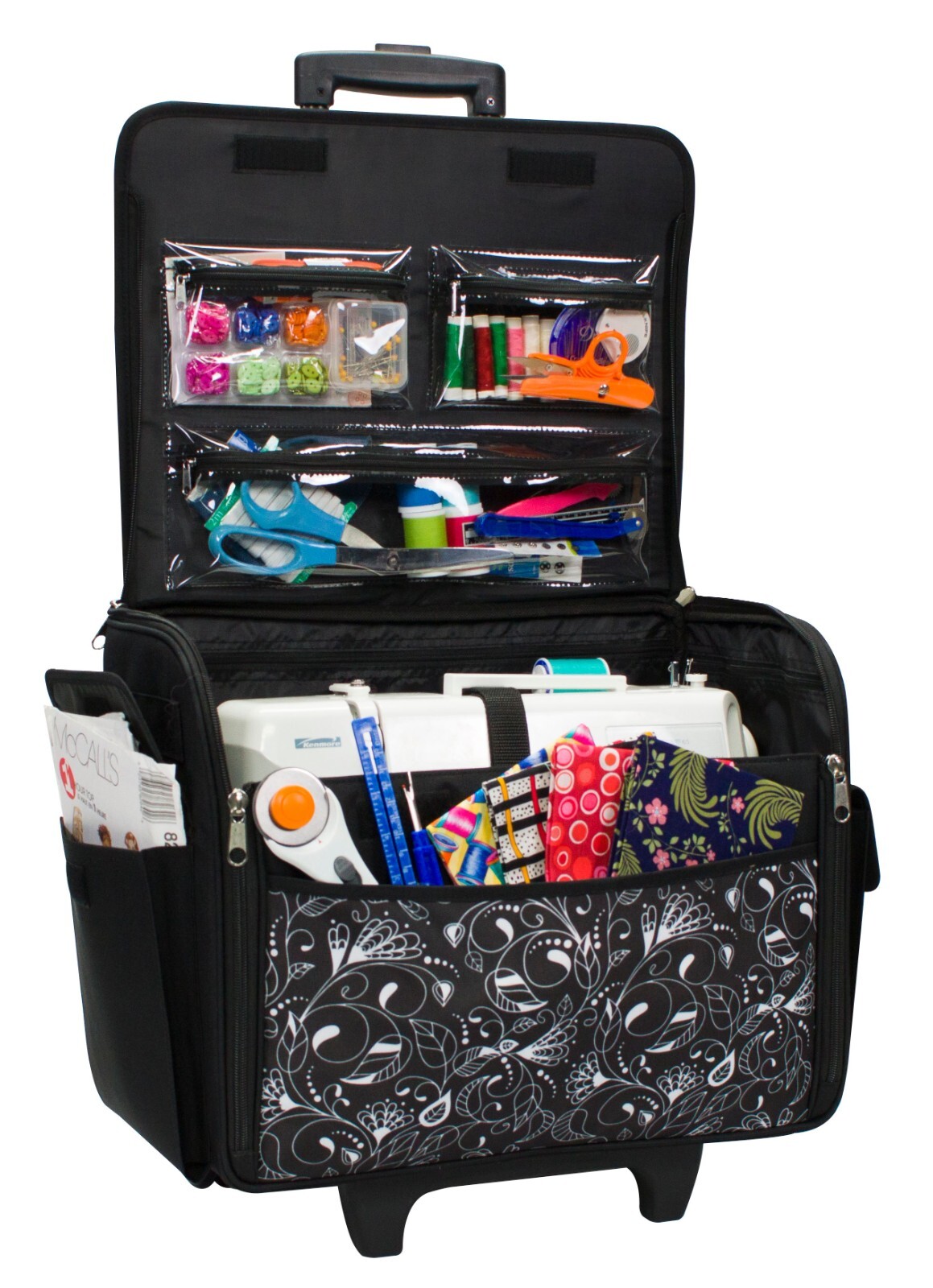 Rolling Sewing Machine Storage and Transport Tote, Black & White with Wheels