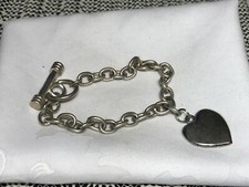 VTG Dangle 1' Heart Silver Tone Oval Links Bracelet 8"