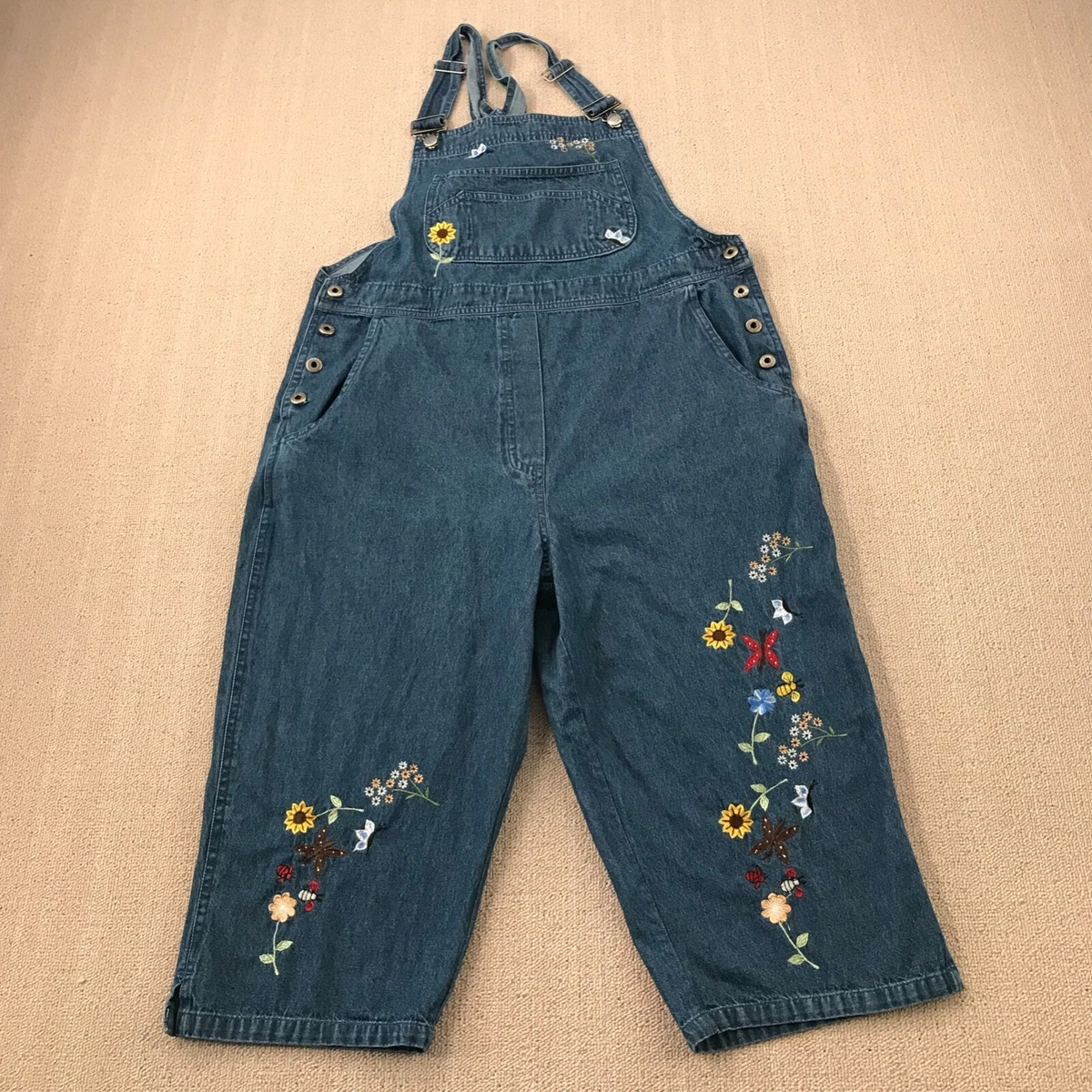 Agapo Overalls Womens Large Denim Embroidered Cropped Capris Blue