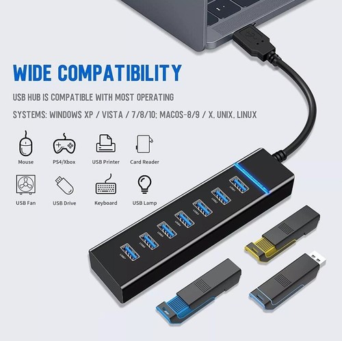 7 Port USB HUB 3.0 Fast Speed Multi Splitter Expansion PC Laptop Desktop Adapter - Picture 4 of 6