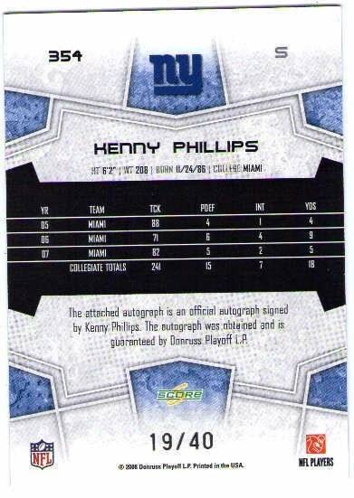 Tarjeta automática de 19/40 de Kenny Phillips 2008 Score Select autógrafos Gold Zone Rookie Foto 2 de 2