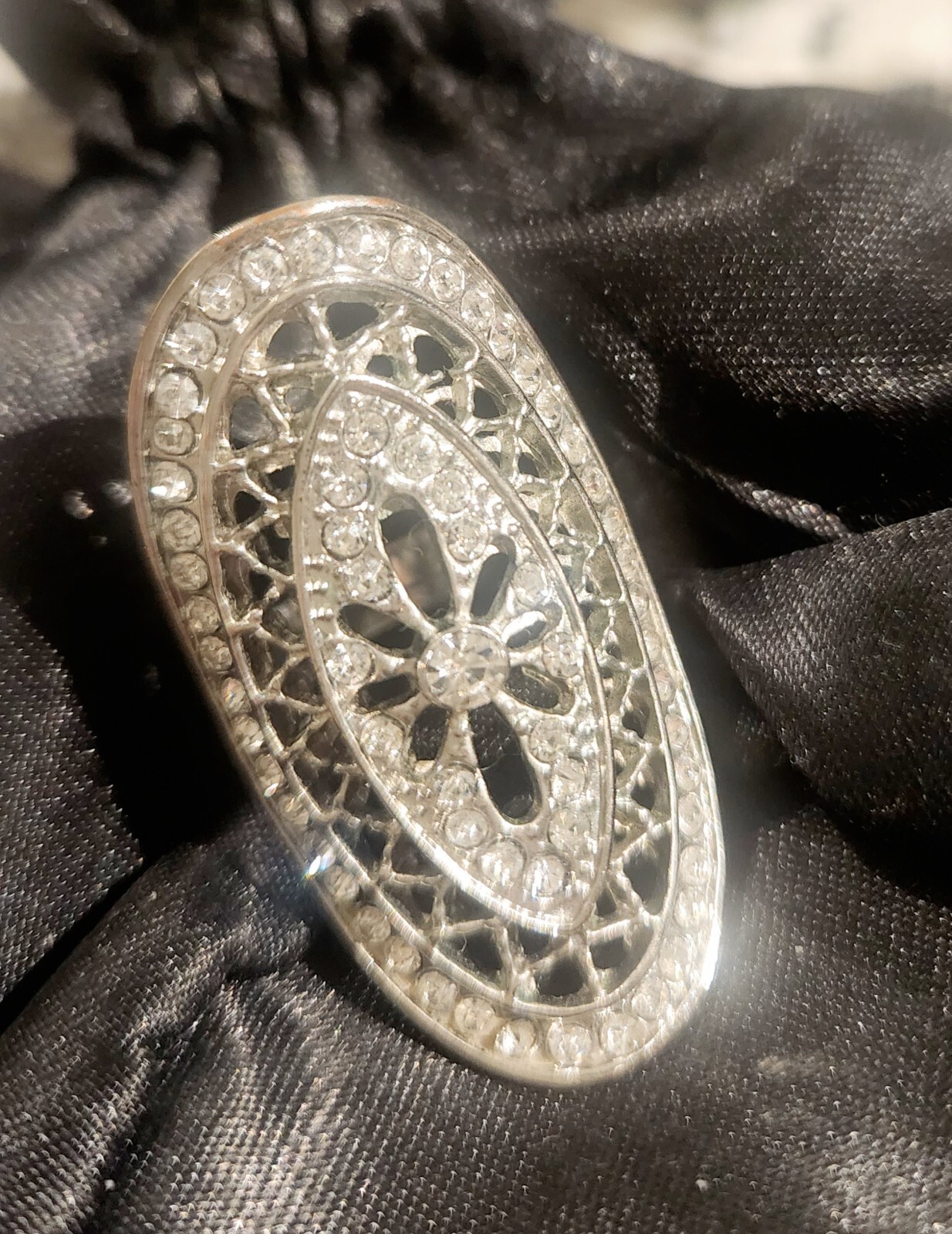 Vintage Statement Ring Silvertone Rhinestone + Je… - image 1