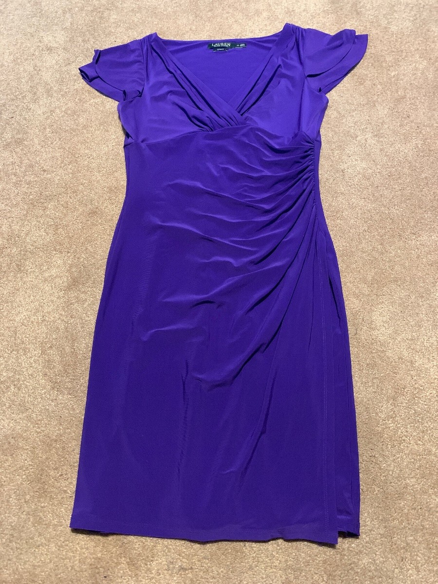 Women Lauren Ralph Lauren Purple Ruched Dress Sz 12 V Neck Cap Sleeve  Stretchy