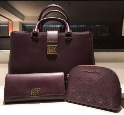 3PCS MICHAEL KORS MINDY MEDIUM SATCHEL HANDBAG WALLET TRAVEL CASE Damson