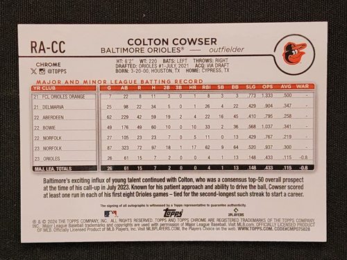 2024 Topps Chrome COLTON COWSER Rookie Auto #RA-CC Baltimore Orioles - Picture 2 of 2