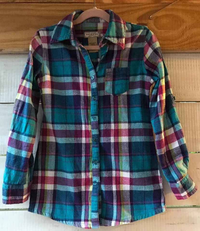 Arizona Jean Co. Camisa Top de Franela Turquesa Púrpura Para Niñas S/Ch 7/8 Perlada Btns Foto 2 de 4