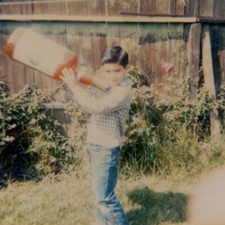 Vintage Polaroid Photo Adorable Boy Giant Liquor Bottle Silly Found Snapshot