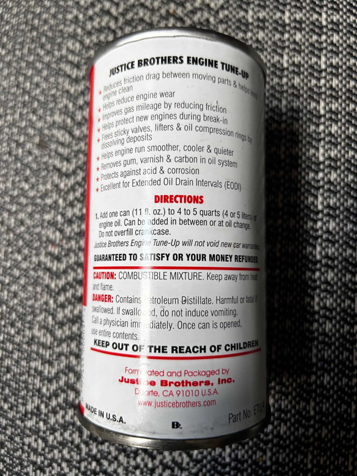 Engine Oil Additive Justice Brothers Engine TuneUp Treats Metal Not