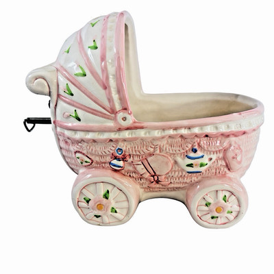 Baby Girl Musical Carriage Planter Hand Painted 2005 Burton & Burton Vtg Works