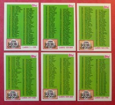 1984 Topps Checklists Complete Set of 6 - #114, 233, 379, 527, 646, 781 - Unmkd