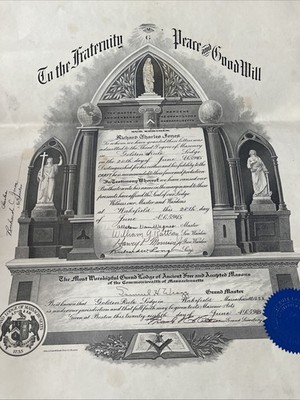 1945 Master Mason Certificate Third Degree of Masonry Masonic Massachusetts