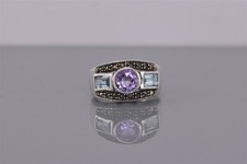 Sterling Silver Purple Amethyst Blue Topaz Marcasite Accent Band Ring 925 Sz: 8