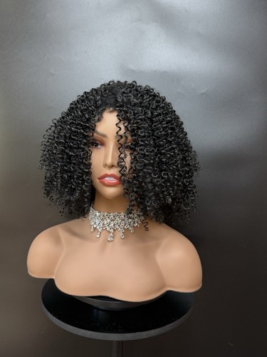 African American Wig Kinky Curly Afro Wig Golden Black Middle Part Heat Ok Short - Picture 5 of 10