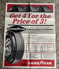 Original Vintage 1964 Goodyear Car Tire Store Sign Poster 22x27.5 Super Cushion