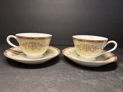 Vtg Noritake Nippon Toki Kaisha Cup & Saucer N662 Red EdgeFloral Medallions 4Pc