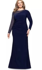 Betsy & Adam Navy Blue Long Beaded-Sleeve Ruched Gown Size 20W $279