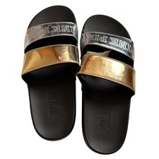 Victoria's Secret Pink Logo Silver Gold Double Straps Slides Small S 5/6 New