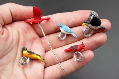 Mini Flying Birds 3Pk 1:12 Scale for Fairy Garden: Cardinal, Finch, Bluebird