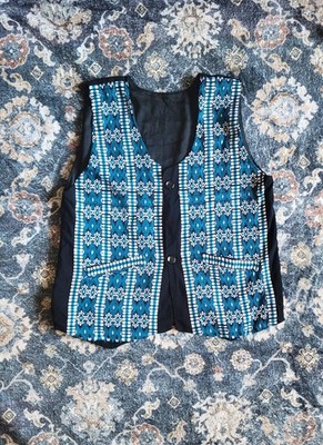 Boho Blue Geometric Pattern Button-Front Sleeveless Vest with Black Back