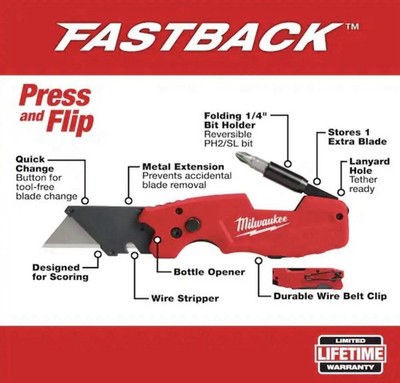 Milwaukee 48-22-1505, Fastback 6-in-1 Utility Knife w/ Folding Bit Holder