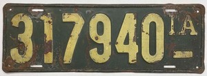 Iowa 1918 License Plate 317940 Original Paint Antique Garage Man Cave Bar Sign