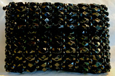 Vintage Chunky Black Beaded Clutch Purse HAND MADE IN HONG KONG 7-3/4" x 5-1/8"
