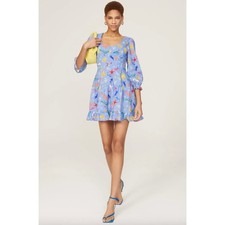 Rixo Ambretta Mini Dress Blue Ocean Sun Seahorse Celestial Coastal Size M RTR