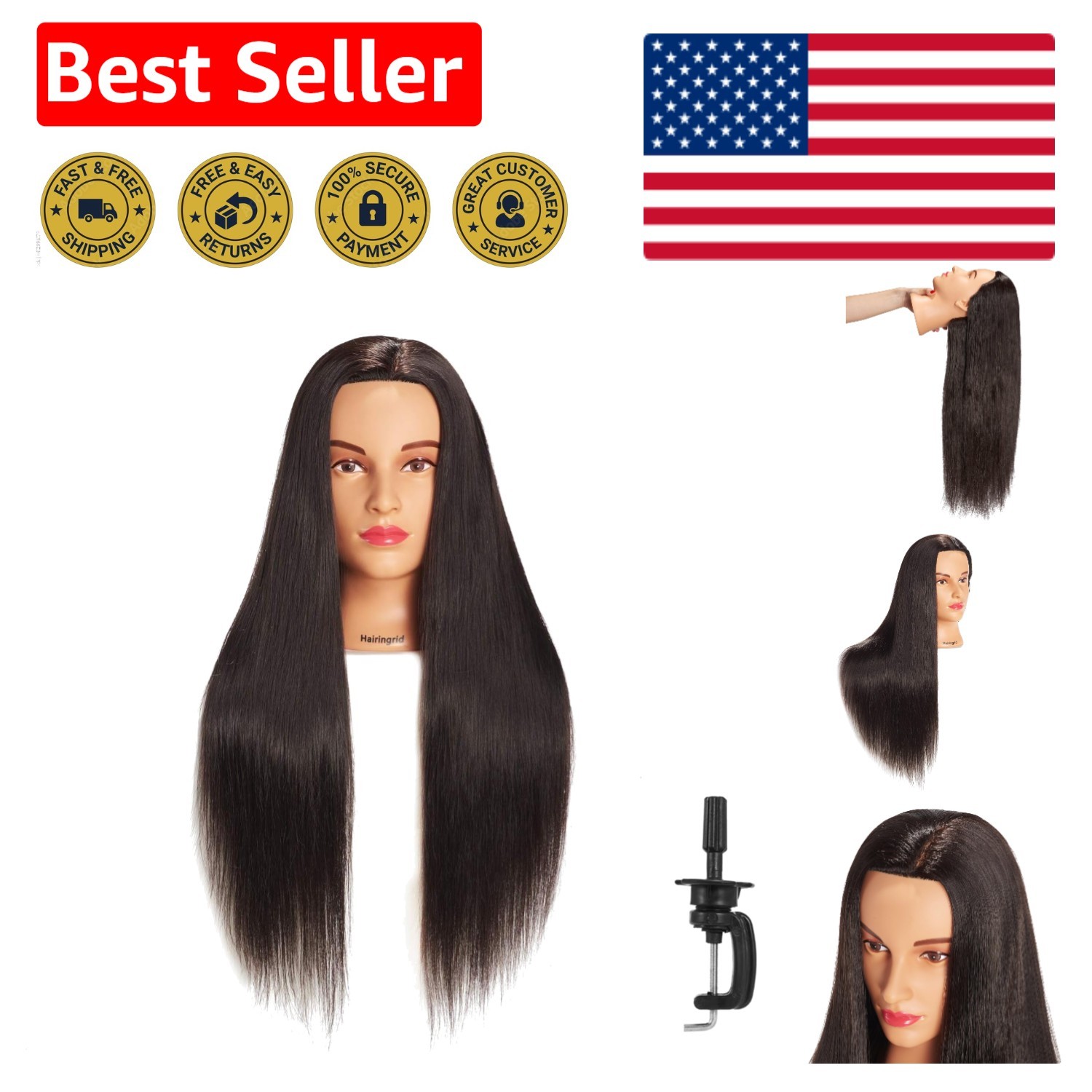 Luxury Black Mannequin Head for Hair Styling - 26-28" with T