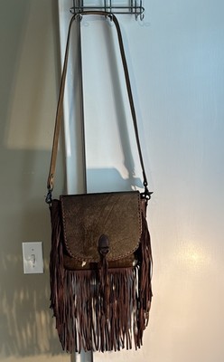 Western Ohlay Handtooled Rawhide Crossbody Purse Fringe & Tooled Leather Strap